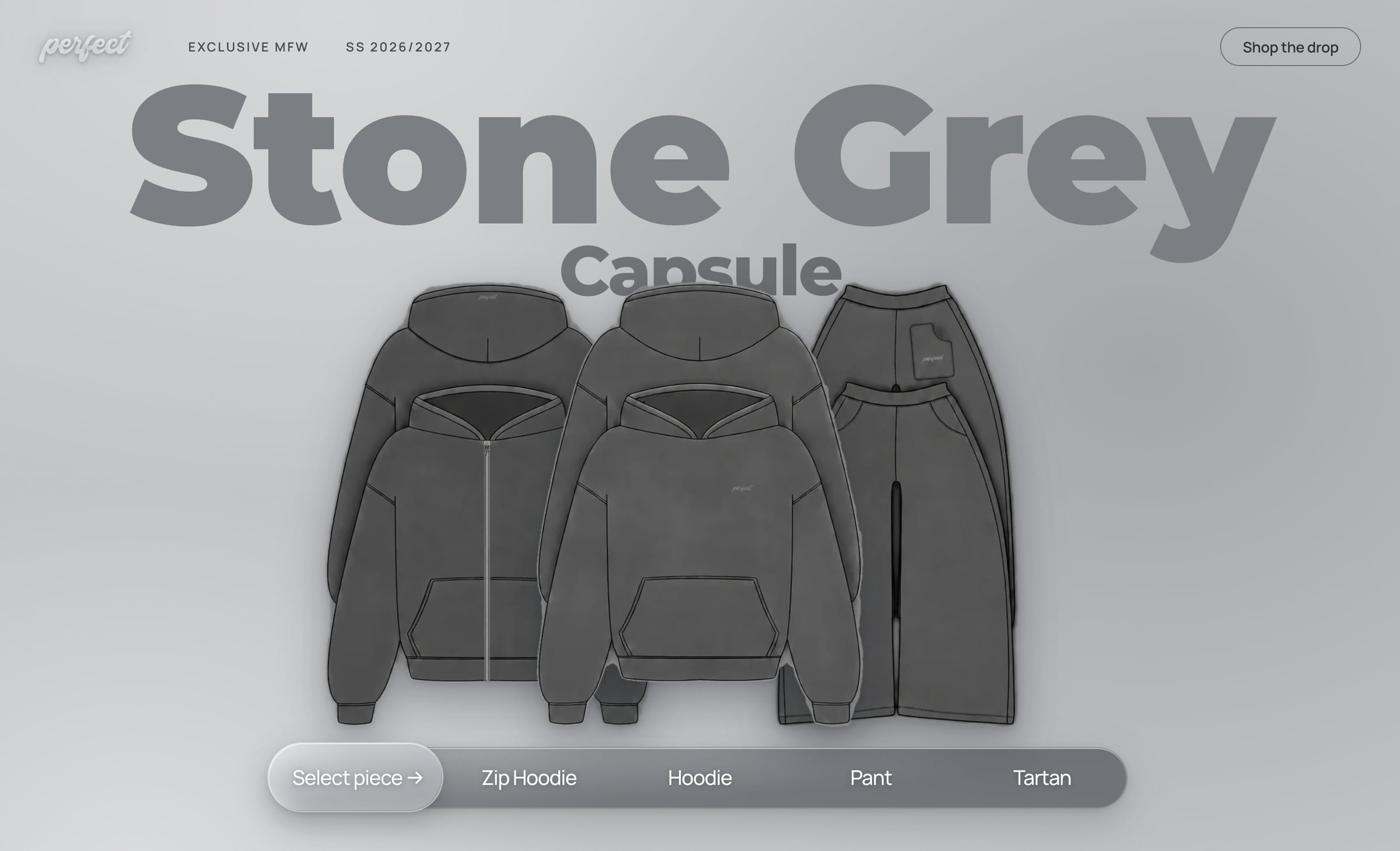 Pagina di lancio del drop PERFECT Stone Grey Capsule con i capi e la selezione del pezzo