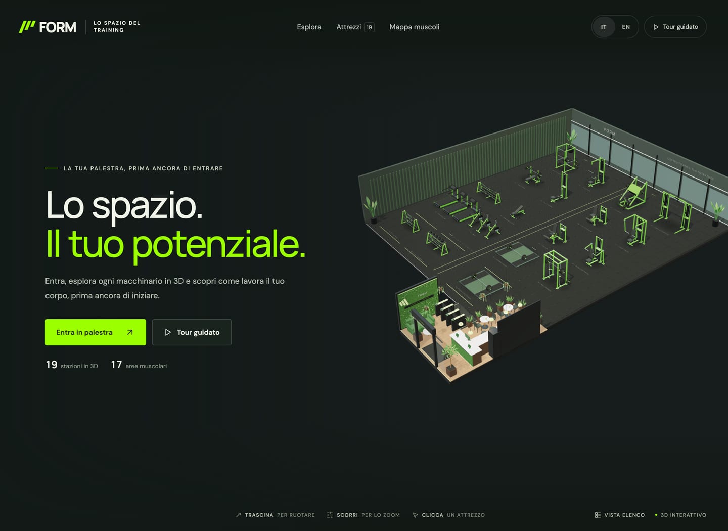 Homepage 3D del progetto FORM dedicato a una palestra
