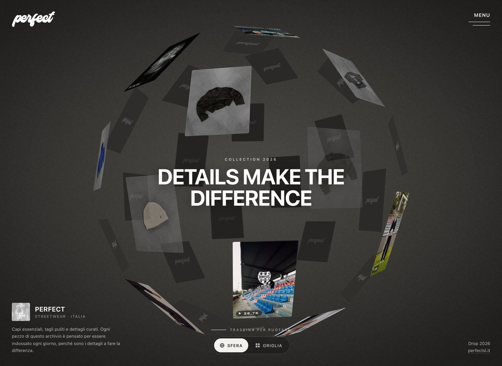 PERFECT Archive: i capi del brand disposti su una sfera 3D con il titolo Details make the difference