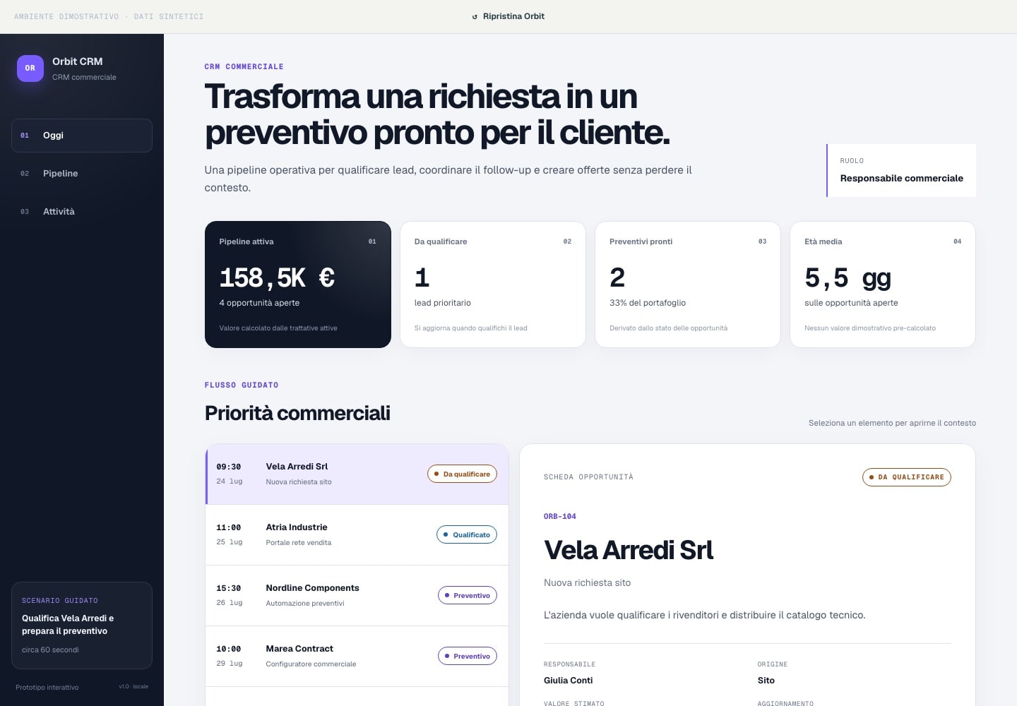 Schermata della demo Orbit CRM